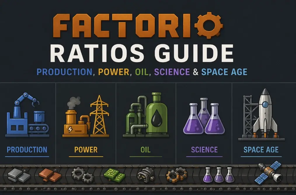 生産、電力、石油、サイエンス、宇宙時代の表を含むFactorio比率ガイド