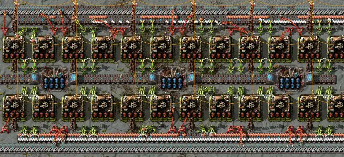 Official Factorio production block showing dense beacon coverage and power wiring