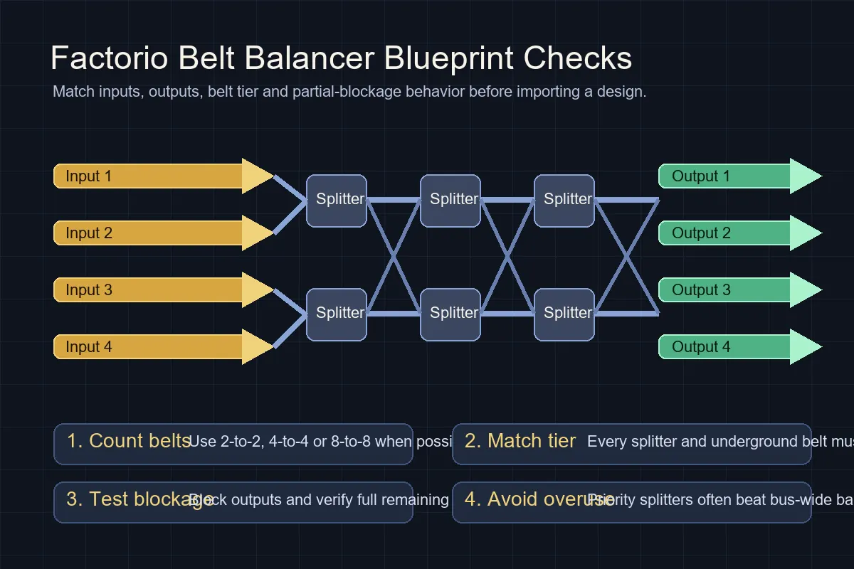 Diagramm mit Eingängen, Splittern, Durchsatzprüfung und Ausgängen eines Factorio Belt-Balancers