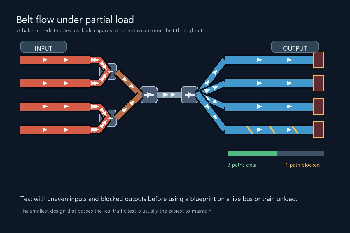 Teilasttest eines Factorio-Gurt-Balancers mit ungleichmäßigen Eingängen und einem blockierten Ausgang