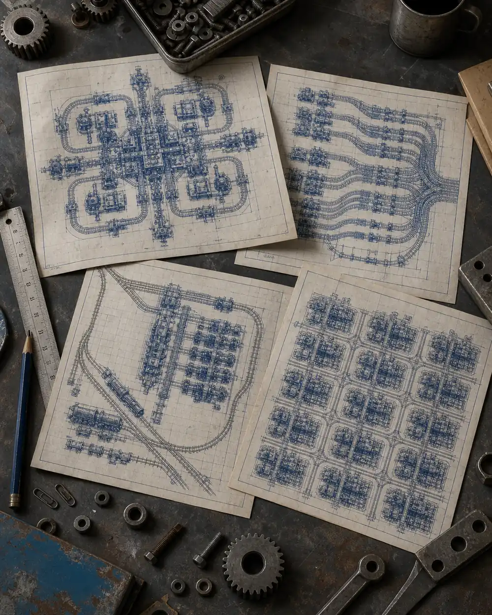 Illustration éditoriale d'une table de blueprints Factorio avec tapis, rails et zone de test