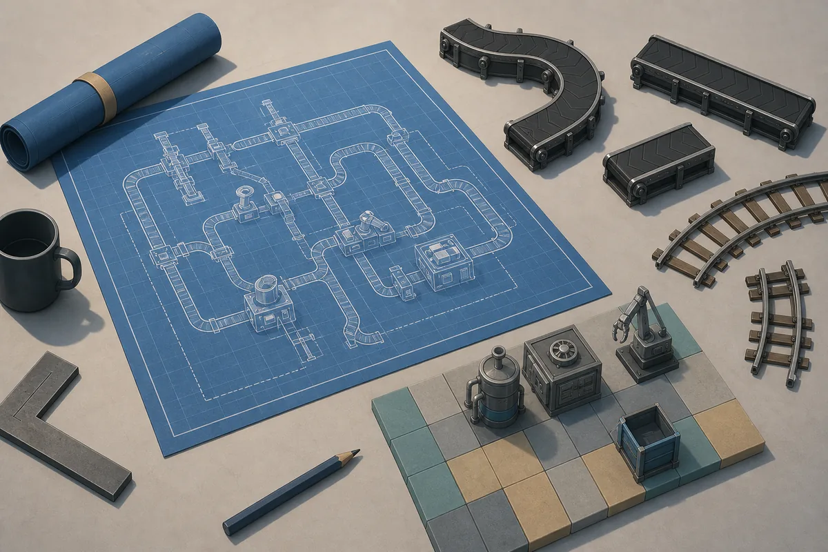 Illustration éditoriale d'une table de blueprints Factorio avec tapis, rails et zone de test