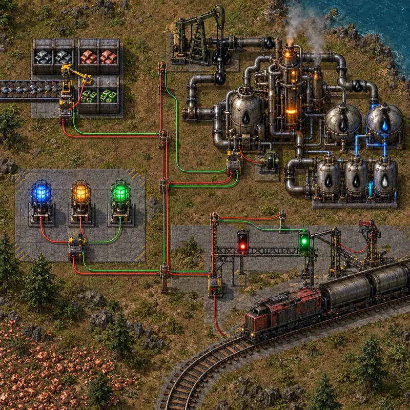 Factorio Beispiele für ein Schaltungsnetzwerk mit Lagerung, Ölverarbeitung, farbigen Lampen und einem Zugsignal