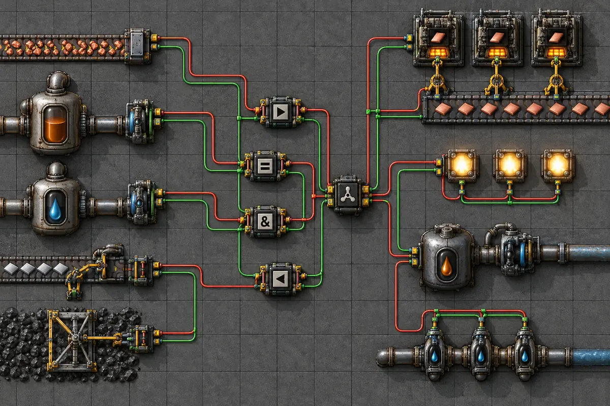 Draufsicht auf ein Factorio Schaltungsnetzwerk mit Lagerung, Kombinatoren, Lampen und Maschinen