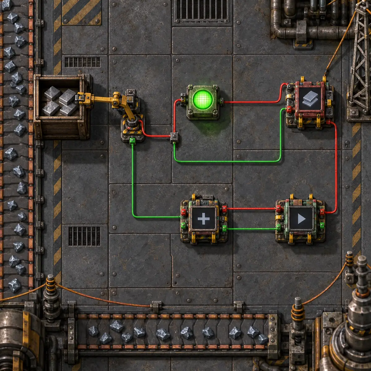 Beispielverkabelung in Factorio zwischen Kiste, Greifer, Lampe und Kombinatoren mit roten und grünen Kabeln