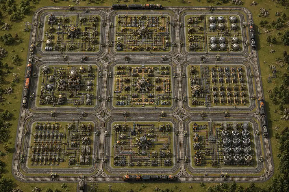 열차와 생산 블록이 있는 Factorio 시티 블록 철도 그리드 편집 이미지