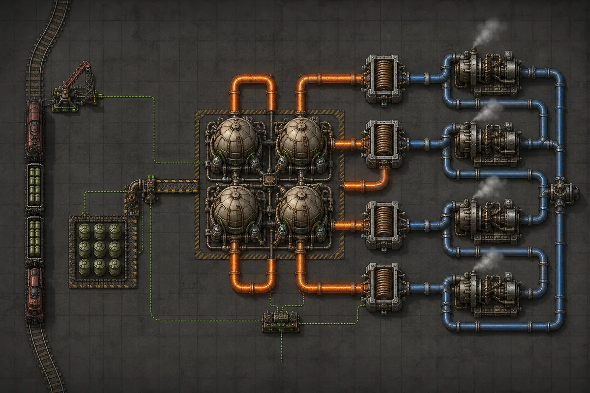 Blueprint editorial de reactor nuclear de Factorio con núcleo 2x2, tuberías térmicas, turbinas, agua y combustible