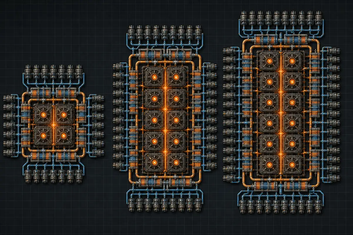 Comparación editorial de diseños nucleares 2x2, 2x4 y 2x6 de Factorio con intercambiadores y turbinas