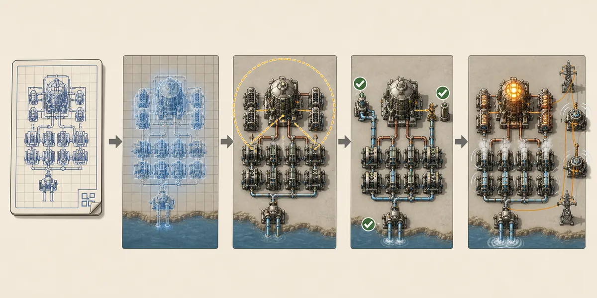 Flujo editorial de cinco pasos para probar un blueprint nuclear de Factorio desde la importación hasta la carga real