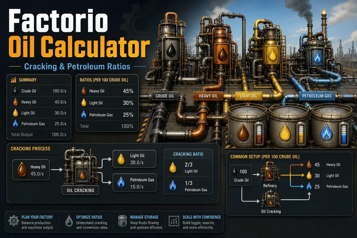 Factorio oil calculator article image with refineries, chemical plants, pipes and cracking loop meters