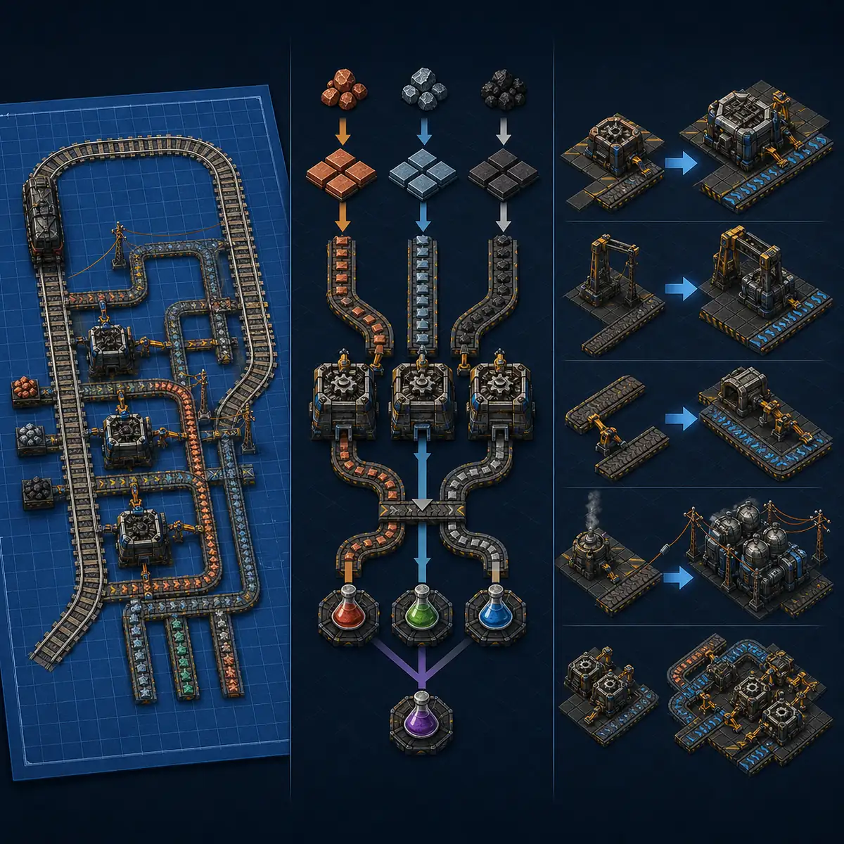 Redaktionelle Vergleichsillustration mit Zug-Blueprint, Produktionsnetz und Entity-Upgrades in Factorio