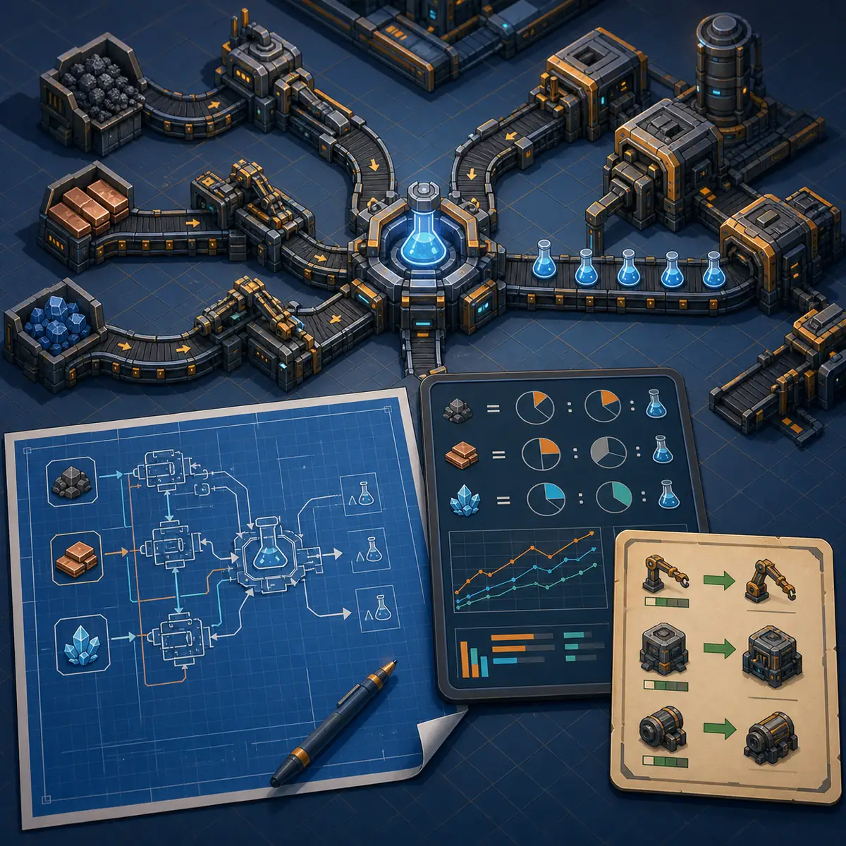 Redaktionelles Factorio-Konzept mit Bändern, Blueprint, Produktionsverhältnissen und Upgrade-Plan