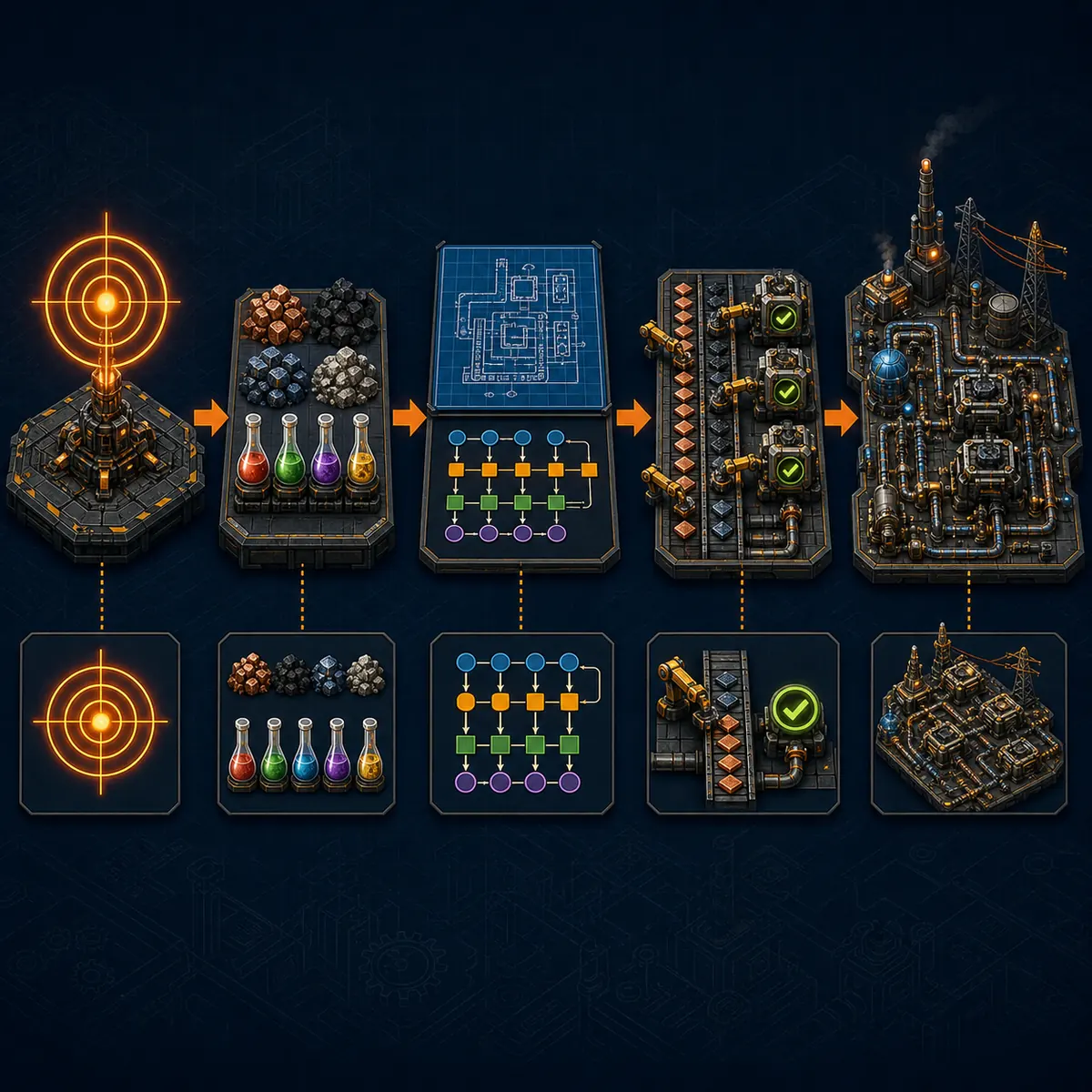 Redaktioneller Factorio-Workflow von Ziel und Rezepten über Verhältnisprüfung bis zur fertigen Fabrik