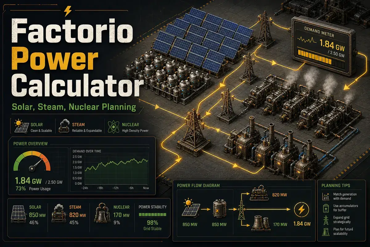 Factorio power calculator article image with solar panels, accumulators, steam engines and factory power demand meter