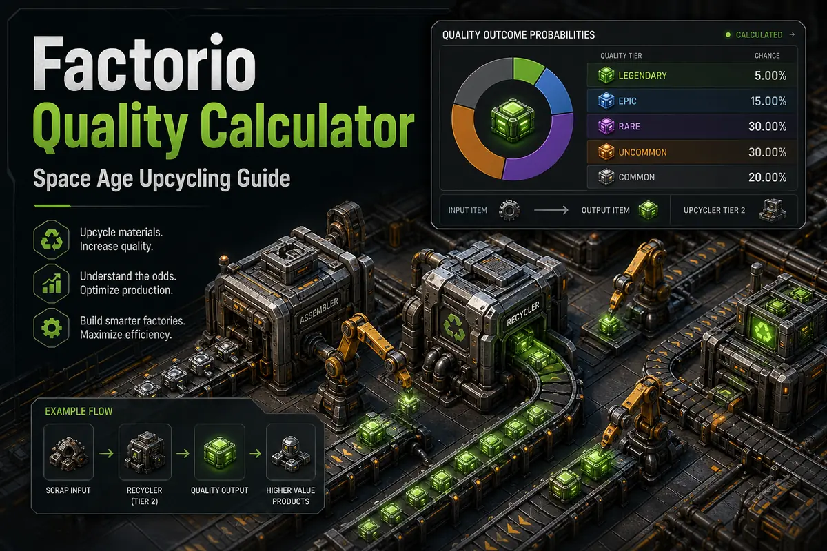 Factorio Space Age quality calculator article image with recyclers, modules, quality tiers and upcycling workflow