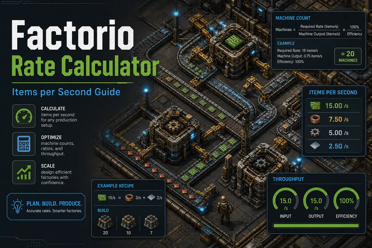 Factorio rate calculator article image with item per second counters, belts and assembler throughput
