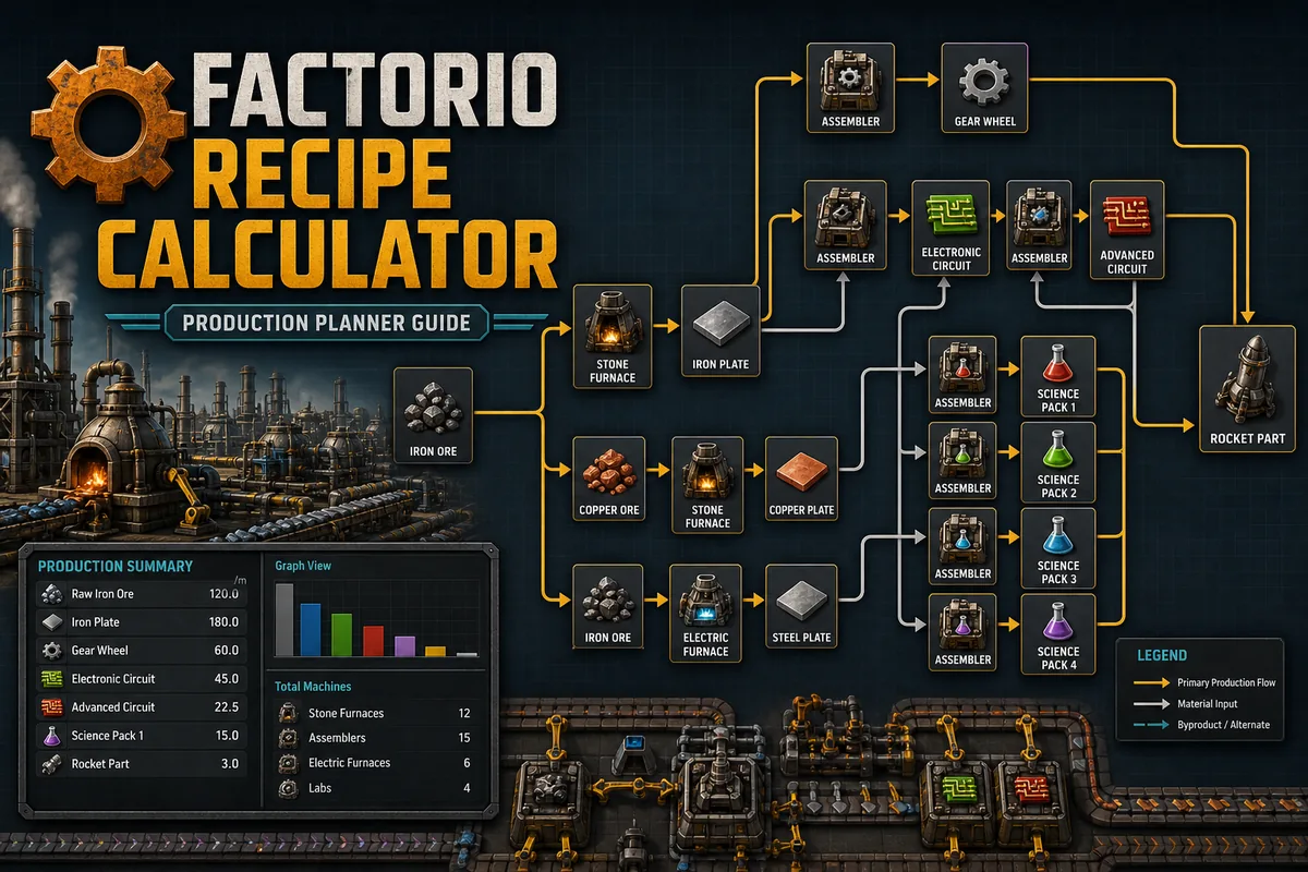 Factorio recipe calculator article image showing recipe tree, machines, belts and production planner overlays