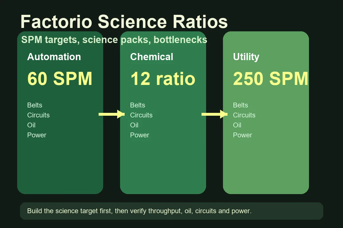 사이언스 팩, SPM 목표, 벨트, 지원 생산 라인을 보여주는 Factorio 사이언스 비율 가이드