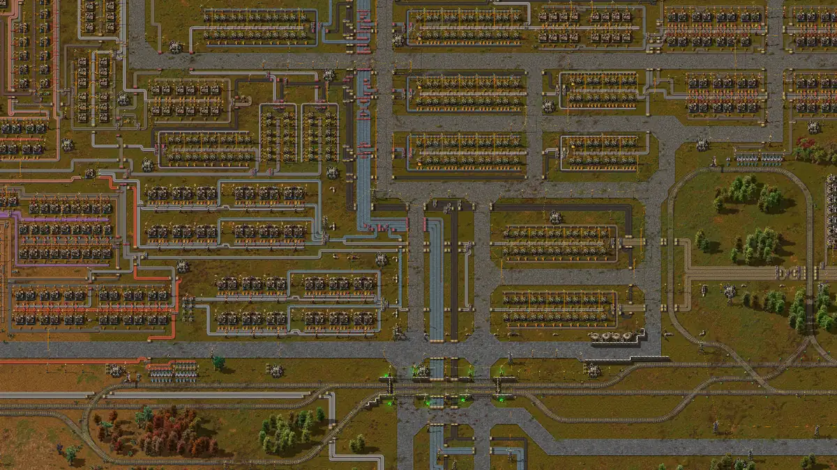 Editorial illustration of a Factorio smelting setup with parallel furnaces and separated ore, coal and plate belts