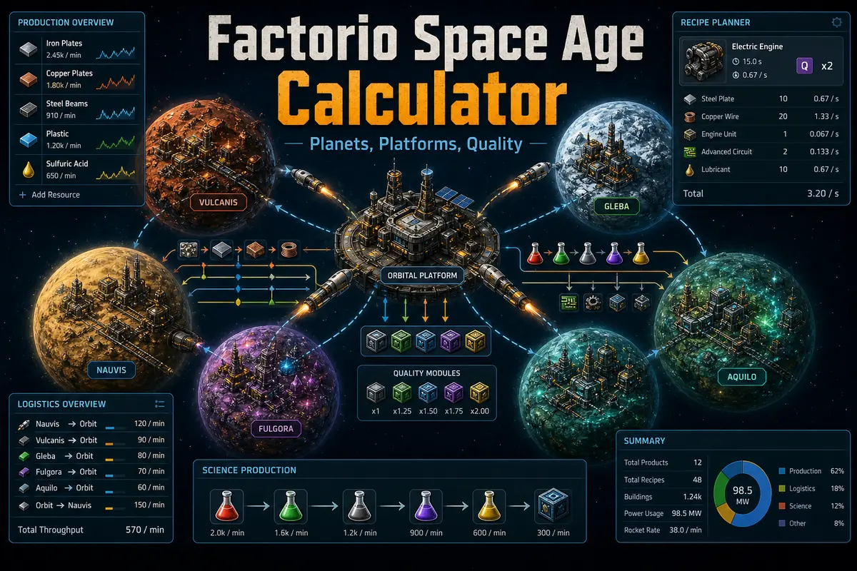 Factorio Space Age calculator article image with planets, space platform logistics and quality modules