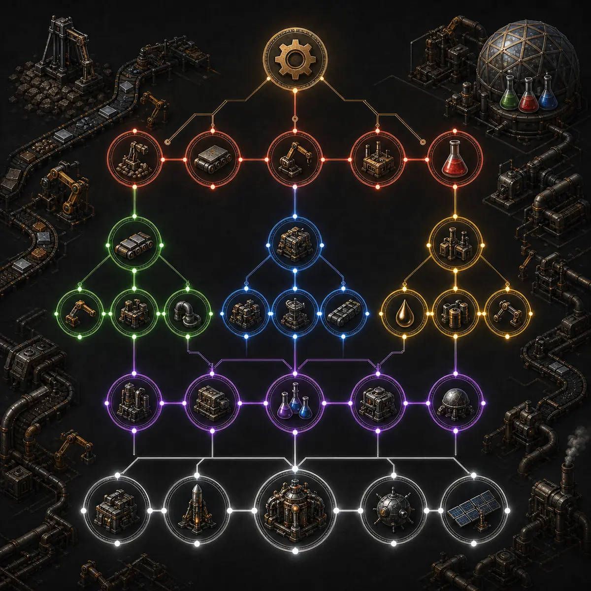 Illustrazione editoriale di un albero tecnologico Factorio con nodi industriali collegati