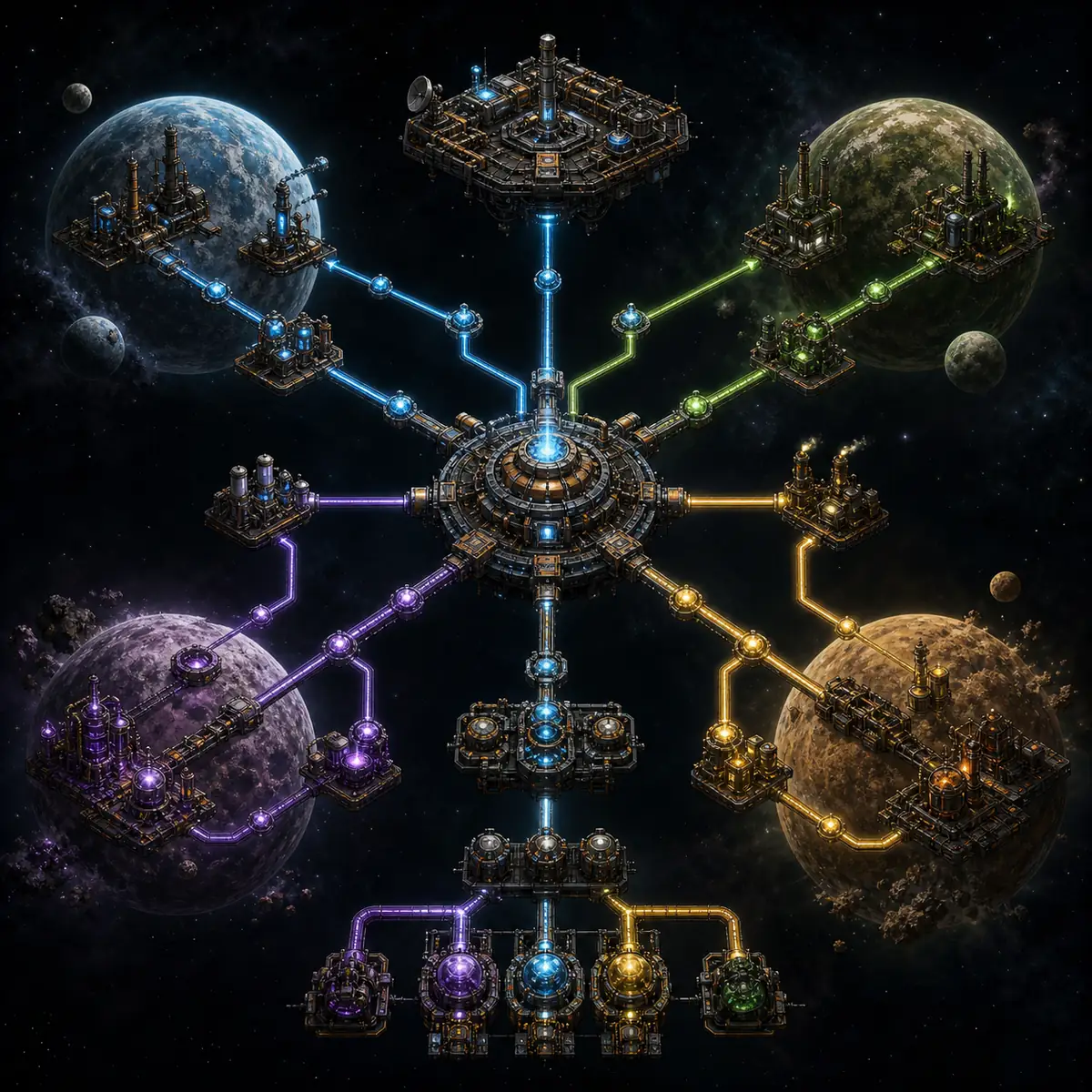 Rete concettuale di ricerca Factorio Space Age che collega pianeti, piattaforma spaziale e rami science