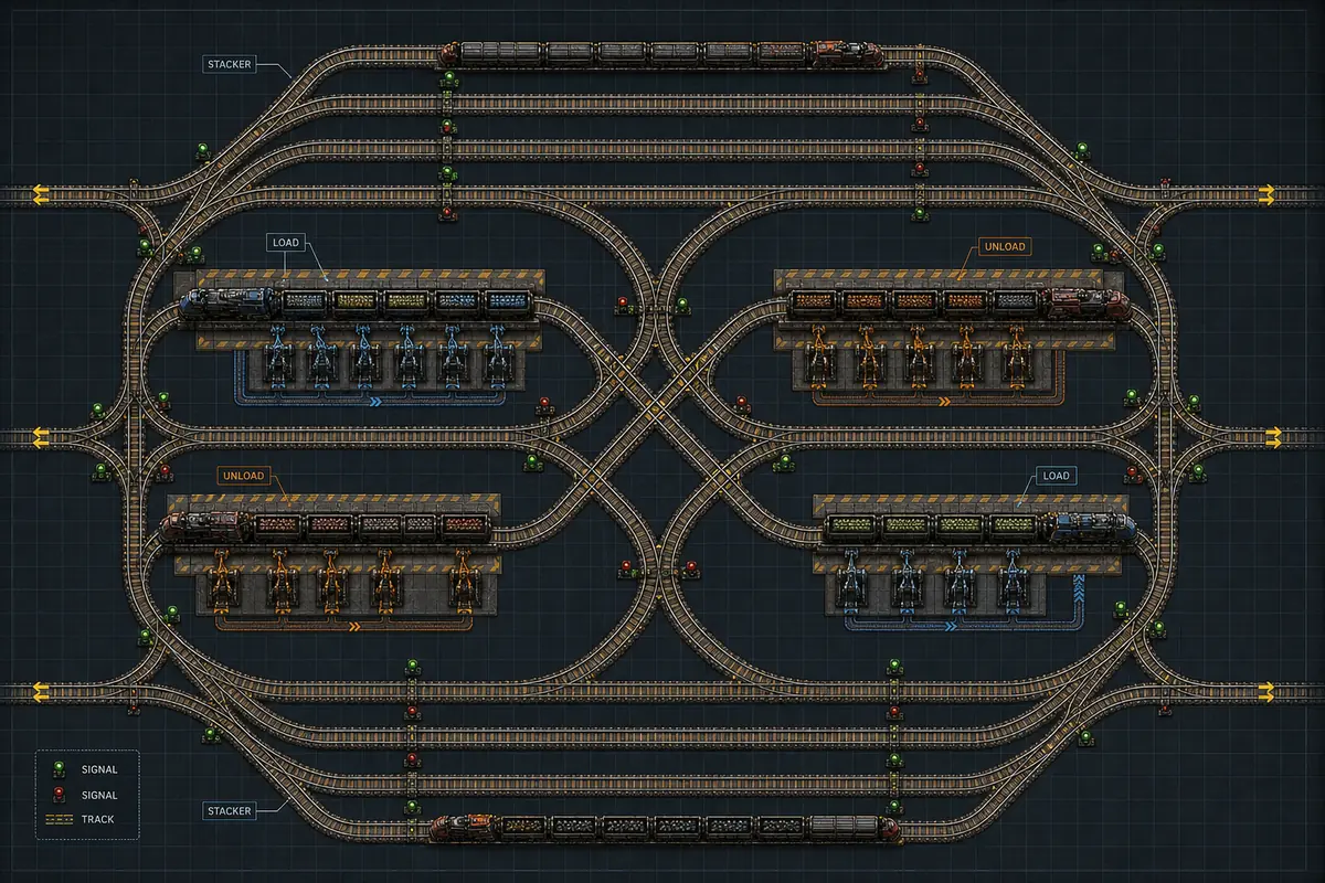 Diagrama editorial de blueprints de trens do Factorio com estações, stackers, cruzamentos e sinais