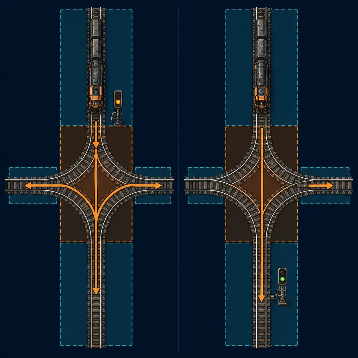 Comparison diagram of a Factorio chain signal before a junction and a regular rail signal after the exit