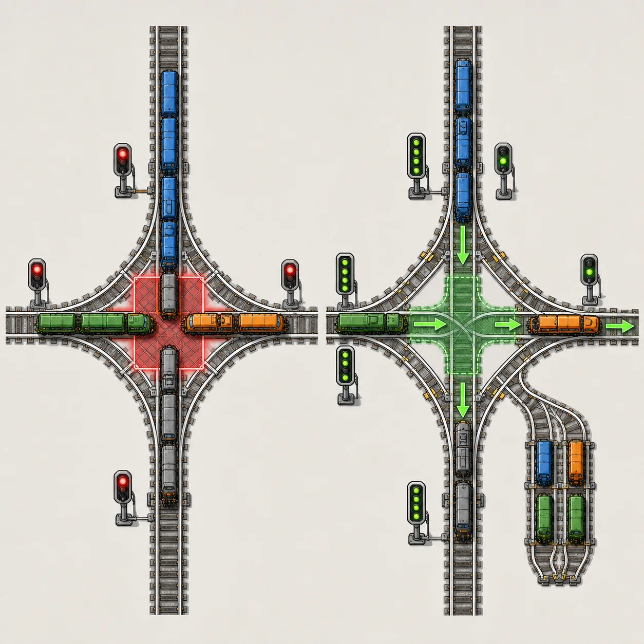 Editorial diagram comparing a Factorio train deadlock inside a junction with a safe flow and off-line stacker