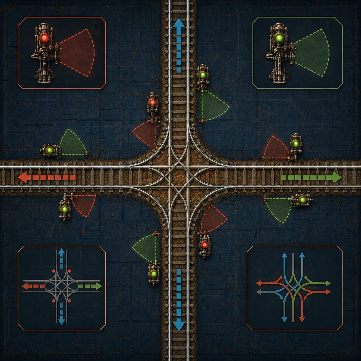 Top-down editorial diagram of Factorio train signals around a four-way rail intersection