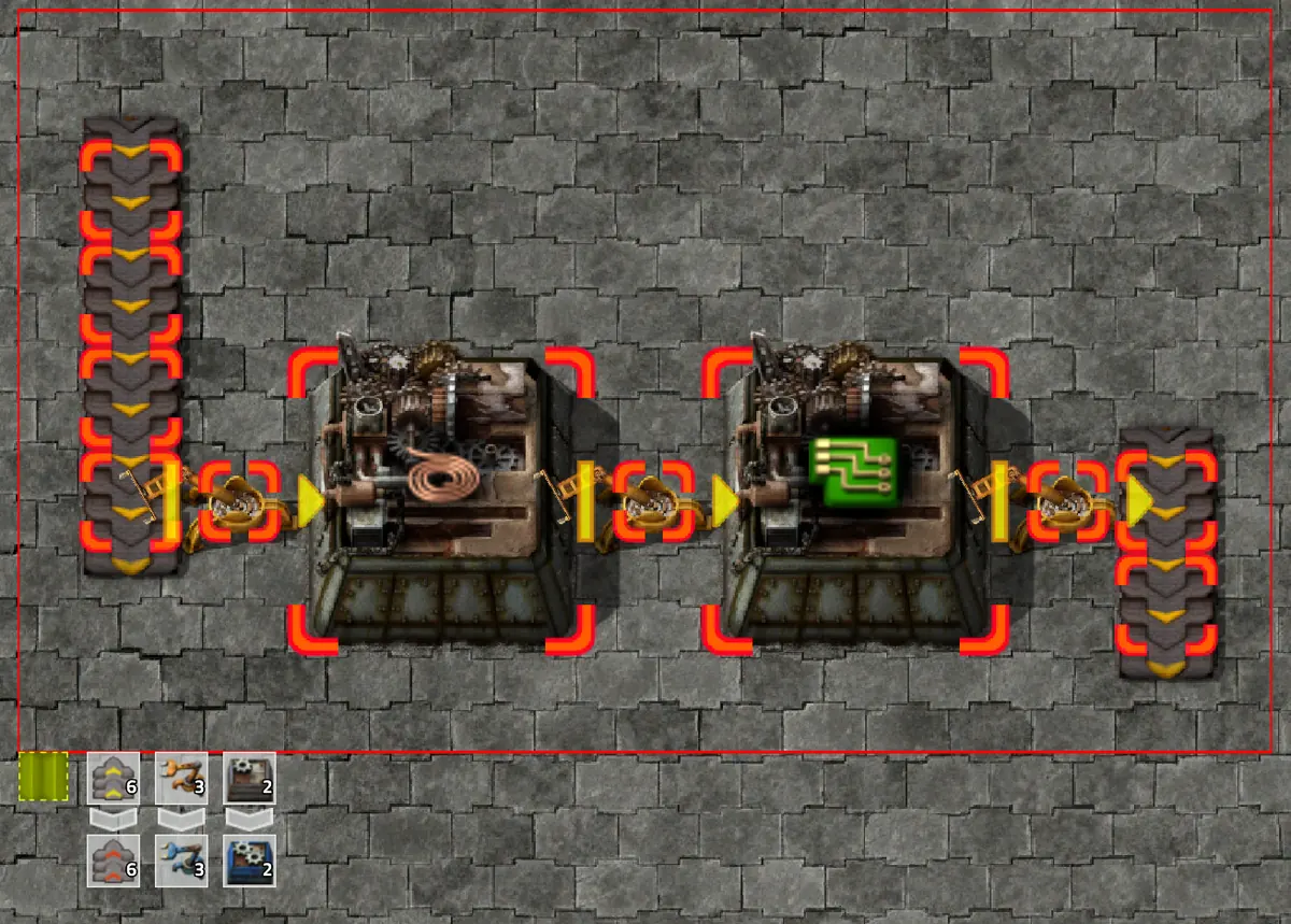 Schermata ufficiale di Factorio con una selezione su nastri e assemblatrici